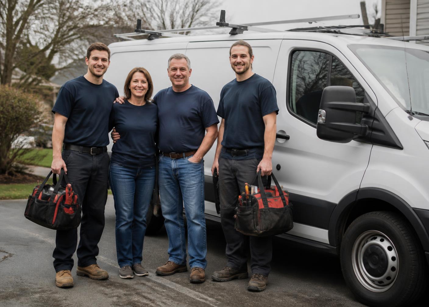 A small family run home services crew standing in front of a service van