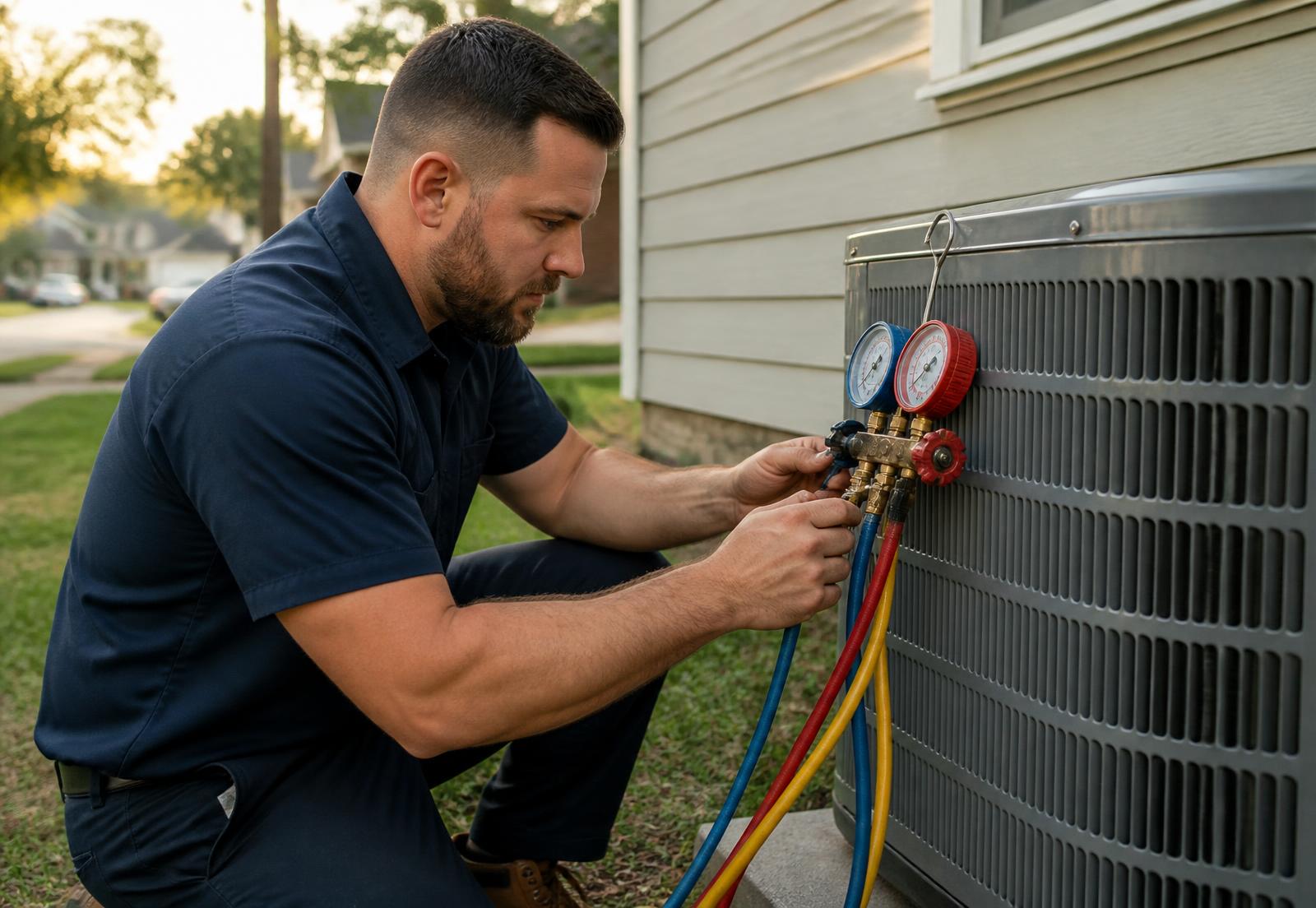 HVAC technician checking refrigerant pressures on an outdoor residential air conditioning unit